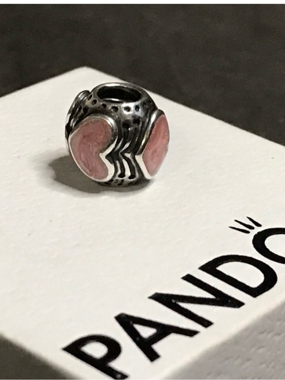 Pandora Silver Charm with Pink Heart Enamel Panels
